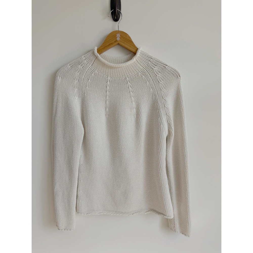 LOFT Women Cream Knit Rolled Crew Neck Sweater Minimalist Fisherman Coastal